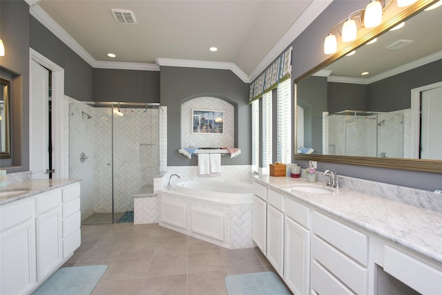 bathroom with vanity, ornamental molding, tile patterned flooring, and plus walk in shower