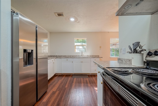 kitchen with appliances with stainless steel finishes, sink, white cabinetry, range hood, and dark hardwood / wood-style floors