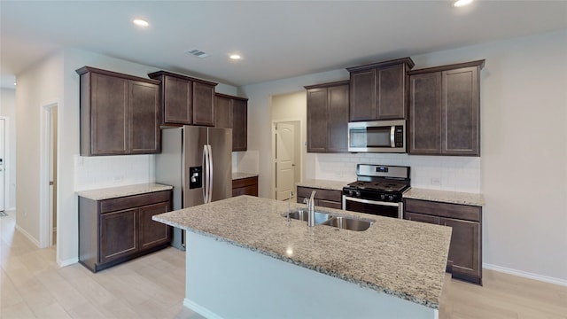 kitchen featuring decorative backsplash, an island with sink, appliances with stainless steel finishes, light hardwood / wood-style flooring, and sink