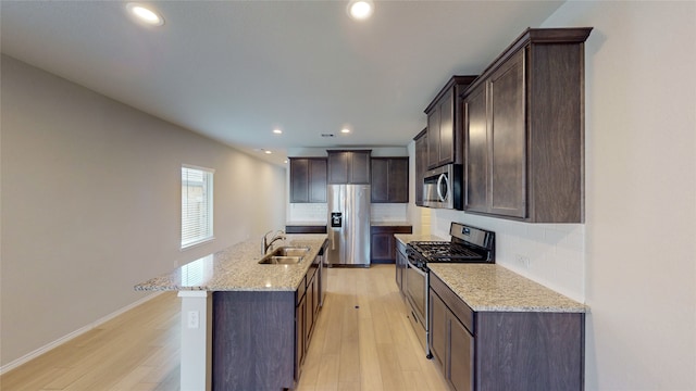 kitchen with sink, backsplash, stainless steel appliances, light hardwood / wood-style flooring, and a kitchen island with sink