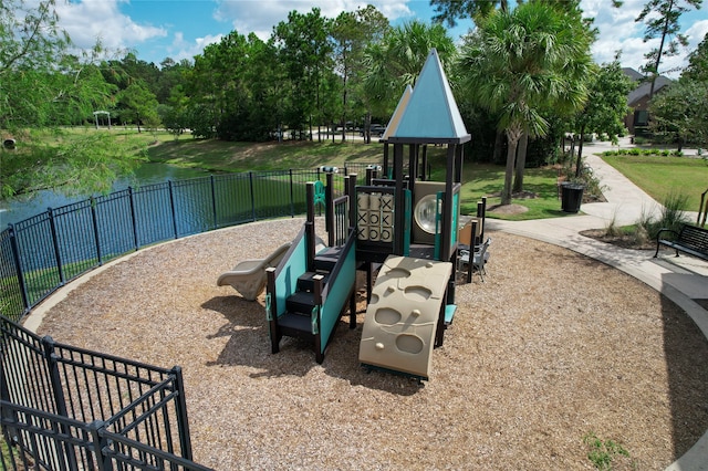 view of playground featuring a water view