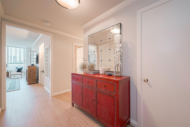 corridor featuring crown molding and light wood-type flooring