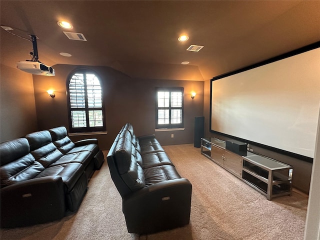 cinema featuring recessed lighting, visible vents, and light colored carpet