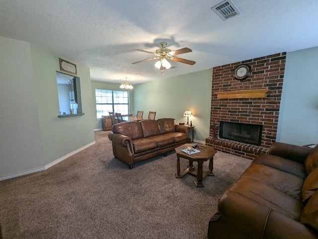 carpeted living room with a brick fireplace, a textured ceiling, and ceiling fan