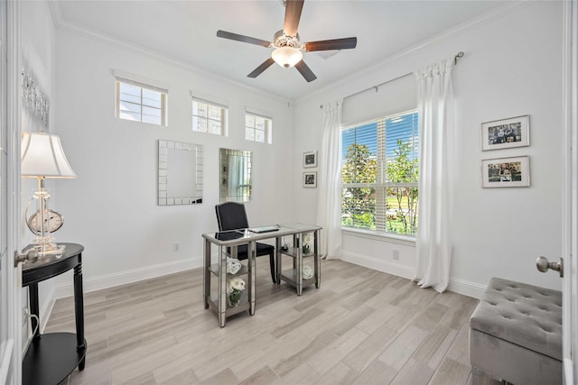 office with light wood-style flooring, baseboards, ceiling fan, and crown molding