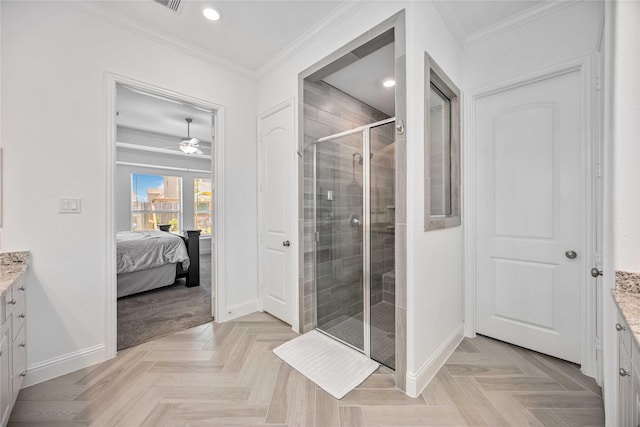 full bath with ornamental molding, connected bathroom, vanity, and baseboards