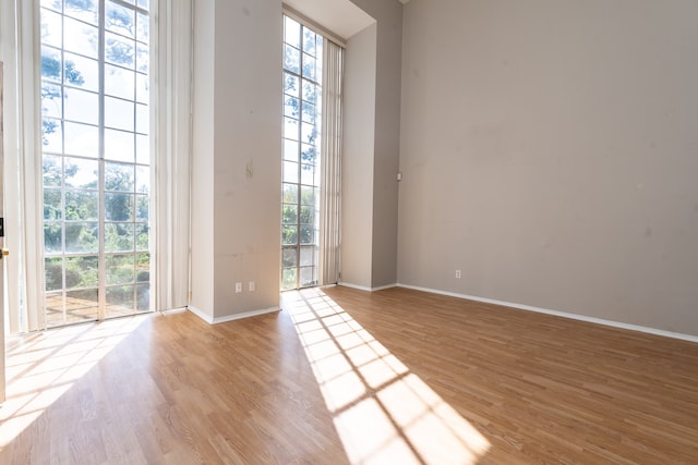 spare room featuring a towering ceiling and light hardwood / wood-style flooring