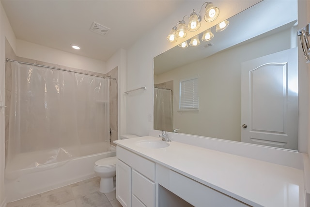 full bathroom featuring vanity, toilet, shower / bath combo with shower curtain, and tile patterned flooring