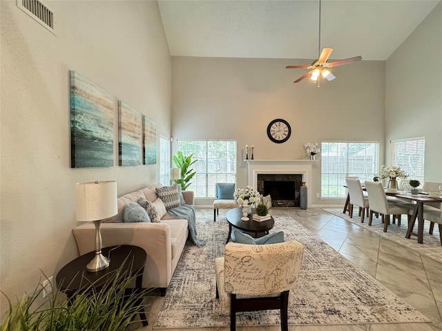 living room featuring high vaulted ceiling, a wealth of natural light, and ceiling fan