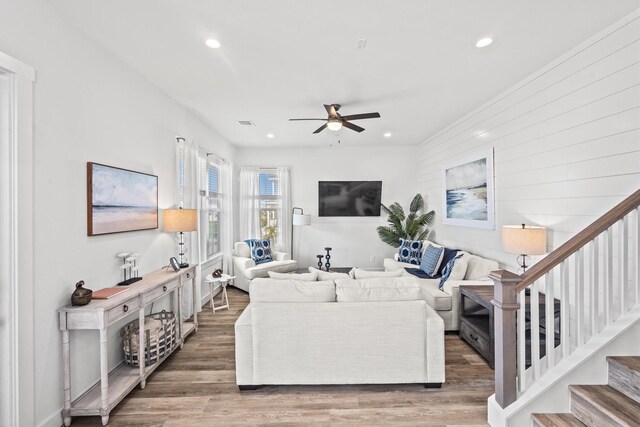 26831 Bay Water Dr, Galveston, TX 77554 - living area featuring recessed lighting, stairs, and ceiling fan