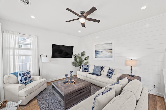 26831 Bay Water Dr, Galveston, TX 77554 - living room with ceiling fan, recessed lighting, wood finished floors, and visible vents