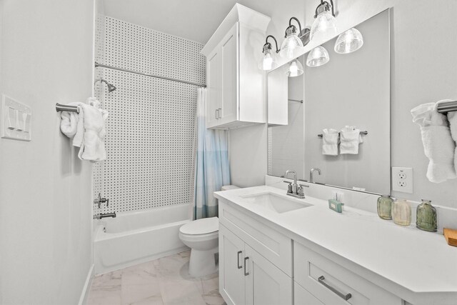 26831 Bay Water Dr, Galveston, TX 77554 - full bathroom featuring shower / tub combo with curtain, vanity, toilet, and marble finish floor