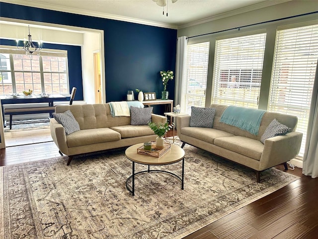 living room with hardwood / wood-style flooring, crown molding, and ceiling fan with notable chandelier