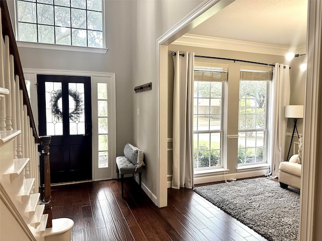 foyer entrance featuring dark hardwood / wood-style floors and ornamental molding