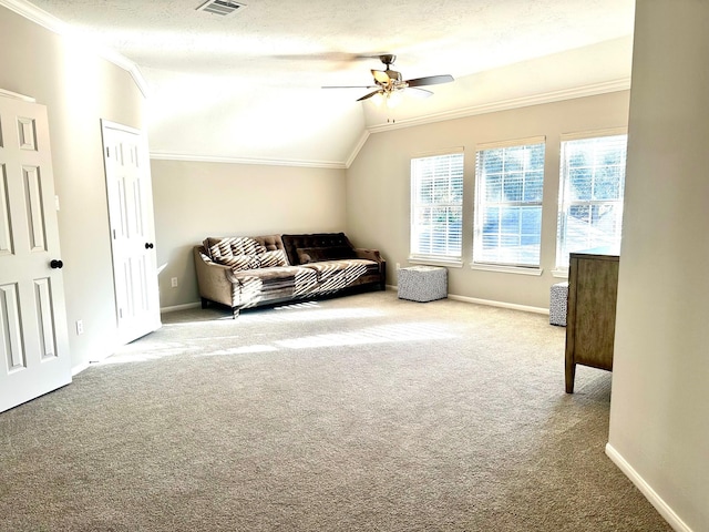 interior space featuring ceiling fan, a textured ceiling, carpet floors, and lofted ceiling