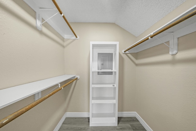 spacious closet featuring wood-type flooring and vaulted ceiling