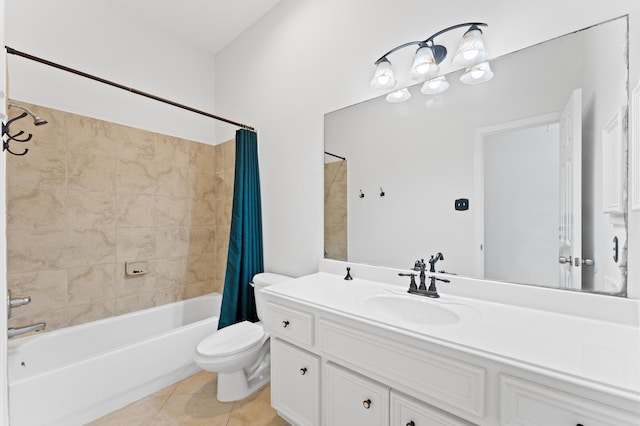 full bathroom with toilet, shower / tub combo with curtain, vanity, and tile patterned floors