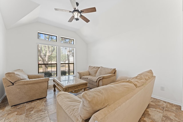 living room with vaulted ceiling and ceiling fan