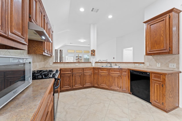 kitchen with sink, backsplash, stainless steel appliances, lofted ceiling, and range hood