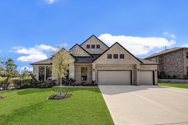 view of front of house with a front yard and a garage