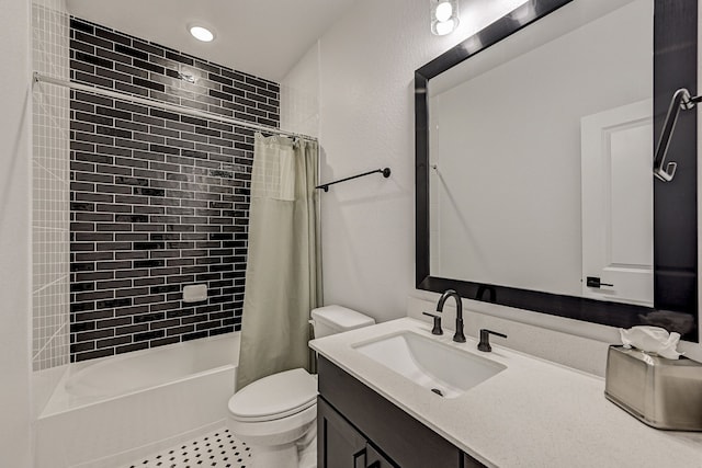 full bathroom with vanity, toilet, and shower / tub combo with curtain