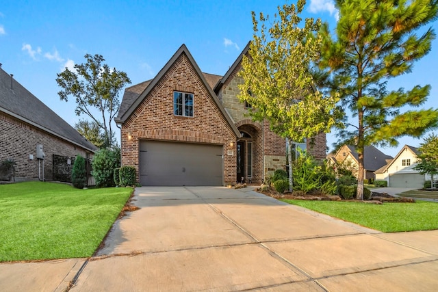 tudor home featuring a garage and a front lawn