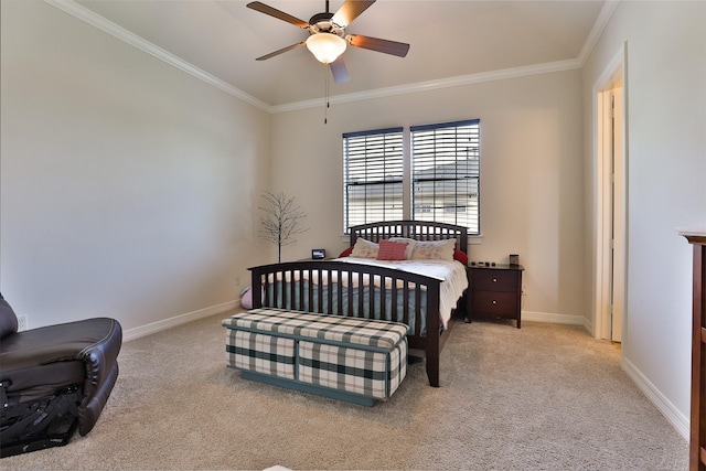 carpeted bedroom featuring ceiling fan and ornamental molding