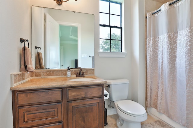 full bathroom with vanity, toilet, and shower / bathtub combination with curtain