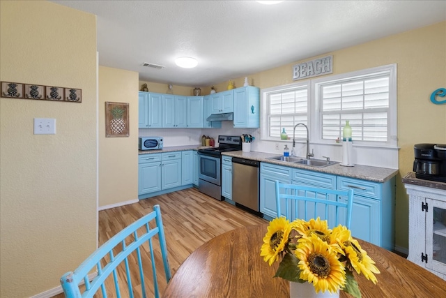 kitchen with blue cabinets, sink, appliances with stainless steel finishes, and light hardwood / wood-style floors