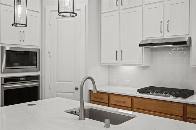 kitchen featuring sink, appliances with stainless steel finishes, tasteful backsplash, white cabinets, and exhaust hood