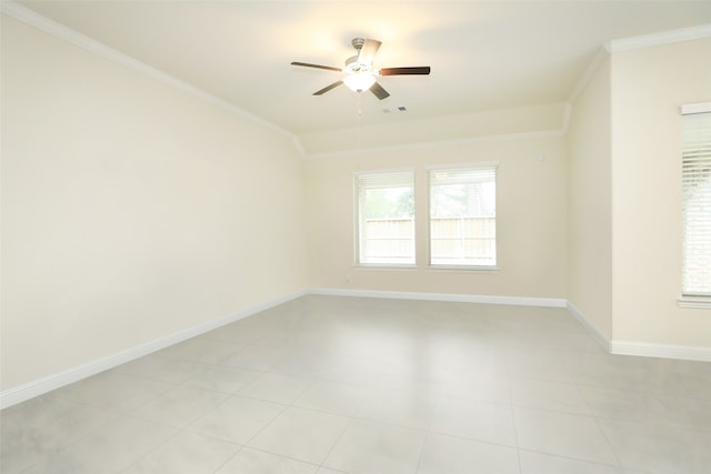 unfurnished room with crown molding, light tile patterned floors, and ceiling fan