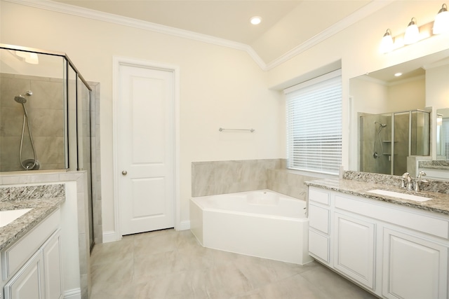 bathroom featuring vanity, ornamental molding, plus walk in shower, and vaulted ceiling