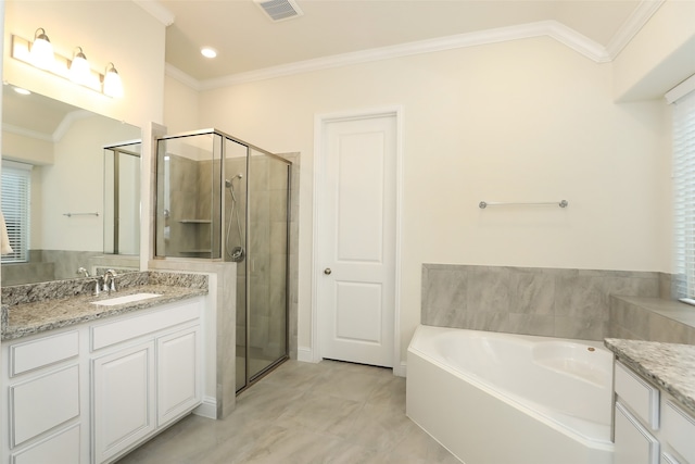 bathroom with vanity, independent shower and bath, ornamental molding, and plenty of natural light