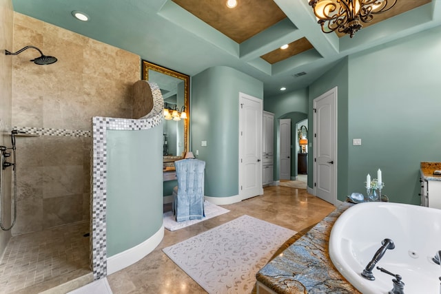 bathroom with vanity, an inviting chandelier, plus walk in shower, and coffered ceiling