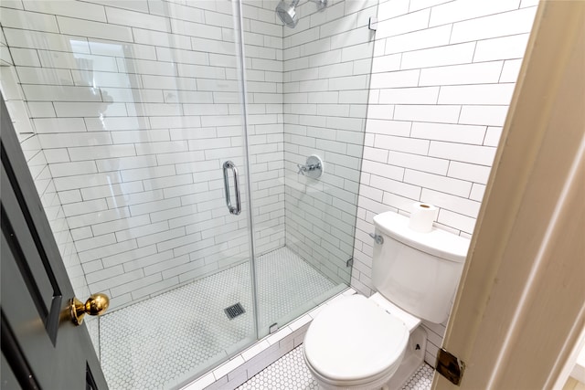 bathroom with tile patterned flooring, toilet, and walk in shower