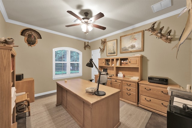 office area featuring ceiling fan and ornamental molding