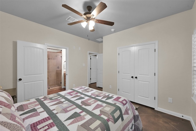 bedroom with a closet, dark tile patterned flooring, and ceiling fan