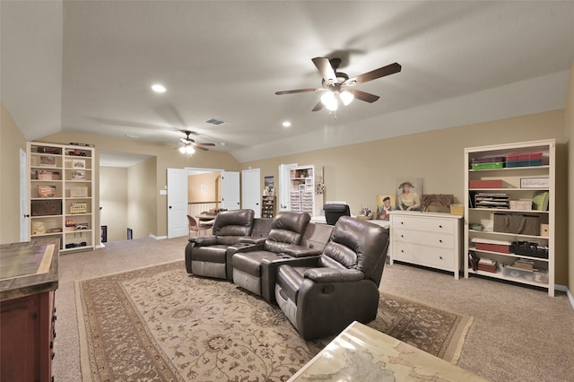 cinema featuring carpet flooring, vaulted ceiling, and ceiling fan