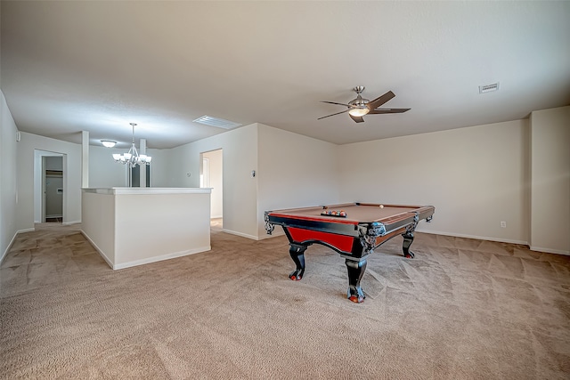 recreation room featuring light colored carpet, pool table, and ceiling fan with notable chandelier