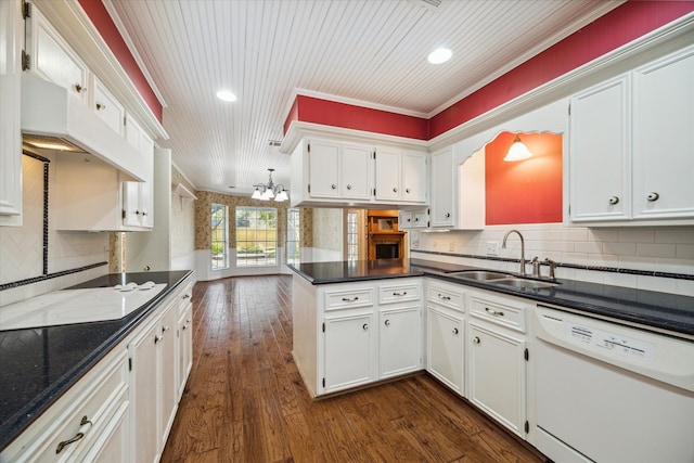 kitchen featuring dishwasher, ornamental molding, sink, white cabinets, and dark hardwood / wood-style flooring