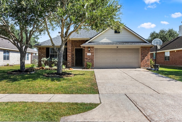 ranch-style house with a garage and a front lawn