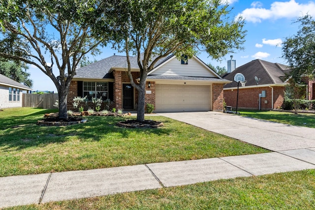 single story home with a front yard and a garage