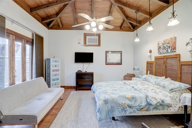 tiled bedroom with vaulted ceiling with beams, an AC wall unit, ceiling fan, and wood ceiling