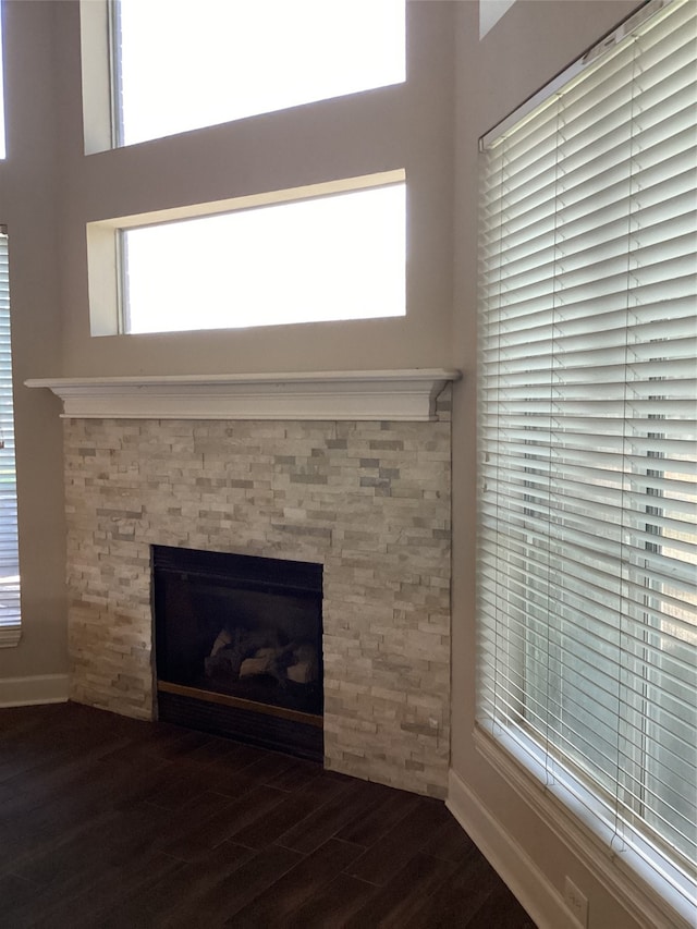 interior details with wood-type flooring and a fireplace