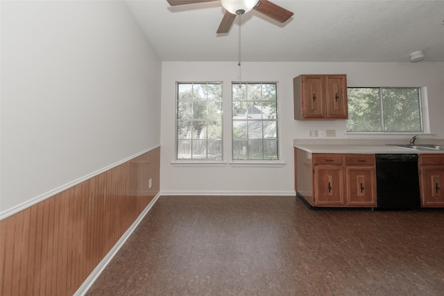 kitchen with sink, dishwasher, a textured ceiling, dark hardwood / wood-style flooring, and ceiling fan