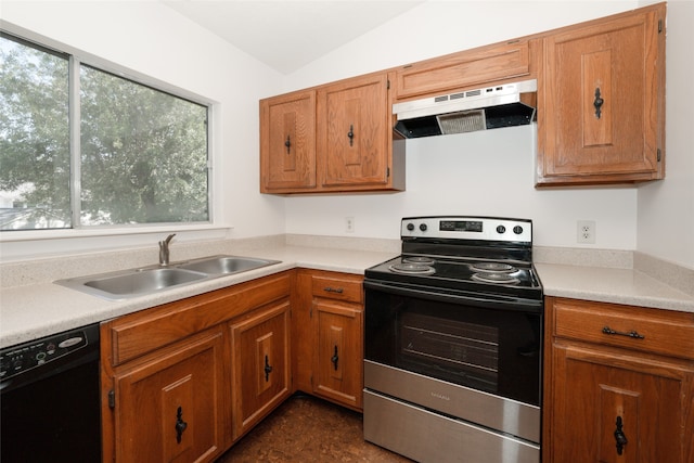 kitchen featuring dishwasher, exhaust hood, sink, electric range, and vaulted ceiling