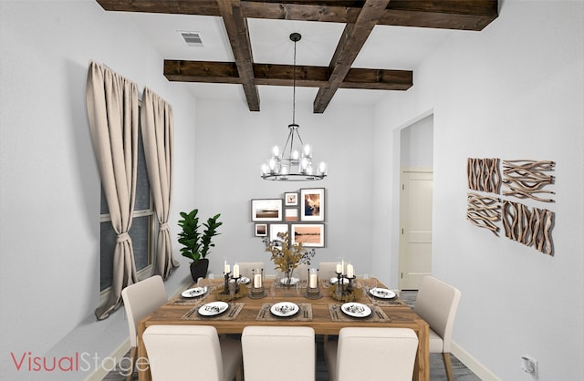 dining space with beam ceiling, coffered ceiling, and a notable chandelier