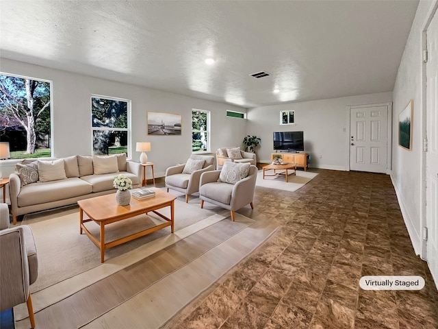 living room with a textured ceiling and a wealth of natural light