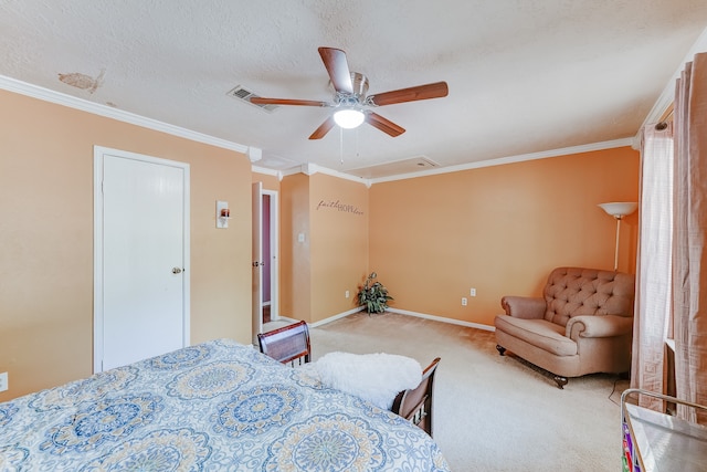 carpeted bedroom with crown molding, a textured ceiling, and ceiling fan