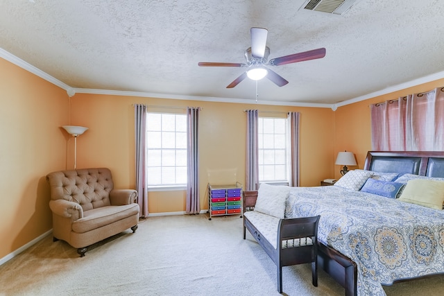 bedroom with ornamental molding, a textured ceiling, and ceiling fan